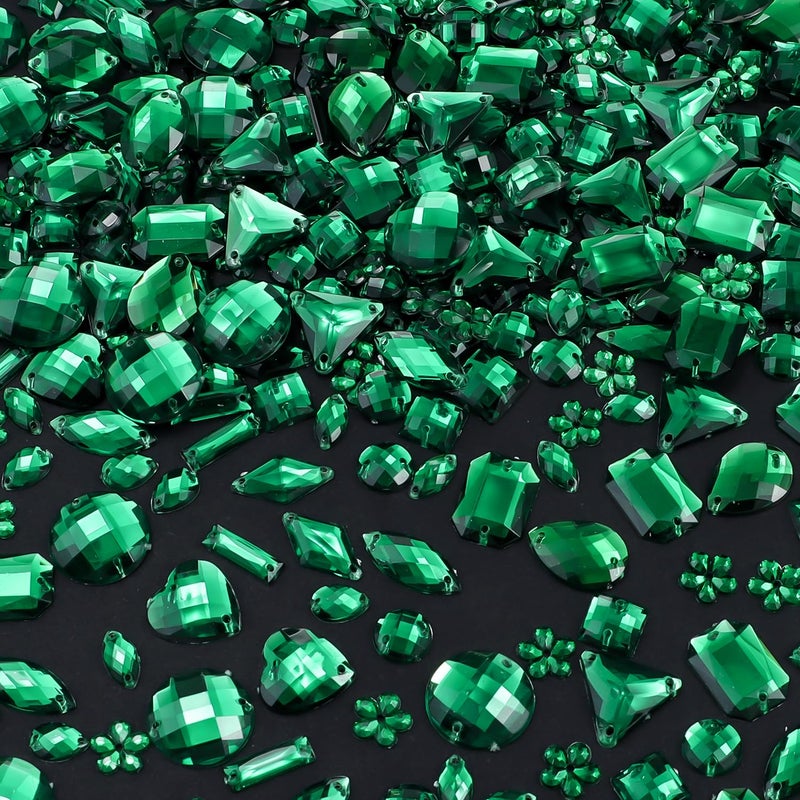 OEMOO 500 Pieces Sewing Gems Acrylic Sewing Crystal Mixed Shapes Sew On Rhinestones with Sewing Holes for Clothes DIY Crafts Costume Garment Shoes Decoration (Green) - Image 1